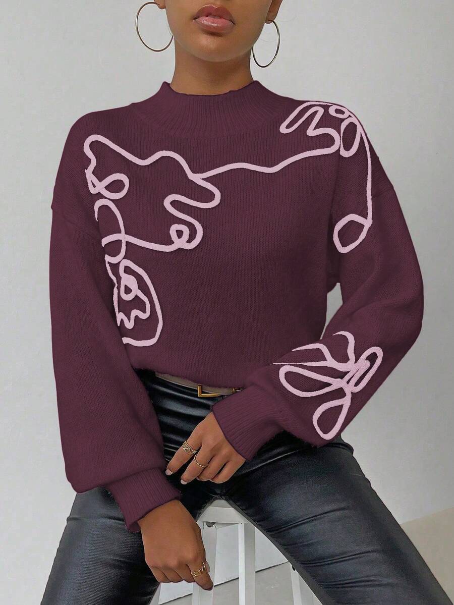 SHEIN LUNE Women's Contrast Color Pattern Turtleneck Long Sleeve Sweater - Dusty Purple - View 1