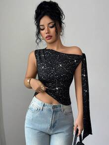 Selianne 女士黑色金属面料高档设计不对称肩部无袖单侧系带修身上衣，优雅时尚，适合生日、约会、派对、音乐节、舞会、独立日、网络星期一、万圣节、光棍节、返校派对、平安夜、感恩节、圣诞节、排灯节、秋季等场合。 - 黑色 - 查看 7