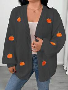 Elenzga Plus Size Casual Loose Fit Long Sleeve Cardigans, Versatile For Everyday Wear - Dark Grey - View 3