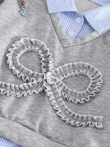 Girls Casual Versatile 2 In 1 Sweatshirt, With Blue & White Striped Shirt Collar, Cuffs And Hem, Black Letter Print Graphic On Chest, Suitable For Autumn/Winter Outings, Travel, Walking, School, Commuting, Can Be Paired With Jackets, Pants, Sweatpants - Grey - View 3