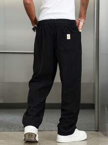 Manfinity EMRG Men's Solid Color Patch Pocket Corduroy Loose Casual Pants, Loose Straight Leg Casual Baggy Korean Pants, Winter