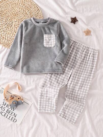 2pcs Young Boy Plush Plaid Long Sleeve Top And Pants Casual Comfortable Pajama Set