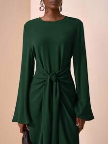 Zivah 2025夏初秋新款，适合生日派对，毕业季，日常出游，百搭，休闲度假，邮轮旅行，沙滩海边沐浴阳光，网络爆款，休闲优雅，通勤派对，圆领，长袖，喇叭袖口，腰带设计，修身超长连衣裙，女士棕色长裙-A - 橄欖綠 - 查看 6