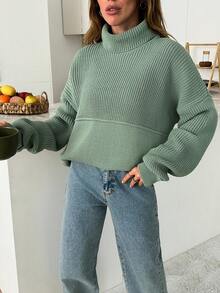 EURMUSE Woman Turtleneck Knit Detailed Thick Winter Sweater,Jumper,Jumpers For Women,Cream Jumper,Jumpers,Christmas Jumper,White Jumper,Black Jumper,Ladies Jumper,Women's Jumpers - Mint Green - View 5