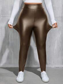 SHEIN Essnce Leggings de piel de poliuretano negro con forro térmico, de moda básica y casual para mujer de talla grande en otoño e invierno, pantalones para mujer, atuendos de invierno, pantalones para curvas, ropa de calle, pantalones de cuero, leggings con forro polar, leggings con forro térmico, leggings cálidos, medias para mujer - Bronce - Ver 3