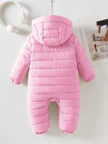 SHEIN Baby Girls' Casual Cute Hooded Zip-Up Long Sleeve Jumpsuit With Thermal Lined, Winter
