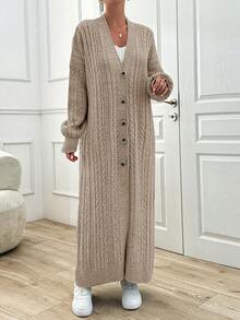 EURMUSE Women's Casual Daily Solid Color Simple Cable Knit Button Front Long Cardigan, Autumn/Winter - Beige - View 5