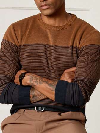 Manfinity CityGents 男士老款条纹圆领长袖休闲宽松针织毛衣男条纹毛衣男针织毛衣男套头衫棕色毛衣男男士棕色上衣