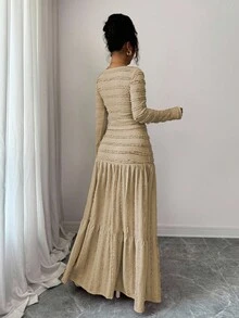 Elenzga 女式粉色纹理面料休闲度假风格长袖方领纽扣上衣和超长 A 字裙两件套，秋季 - 卡其色 - 查看 2