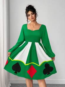 Elenzga Christmas Kooky Elegance Collection (Woe Is Me Vibes)(Wednesday Aesthetic) Halloween Dark Spade Heart Print Waist Fit And Flare Dress - Green - View 4