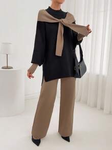 EURMUSE 女士立领长袖侧开衩毛衣和针织长裤休闲套装，秋冬