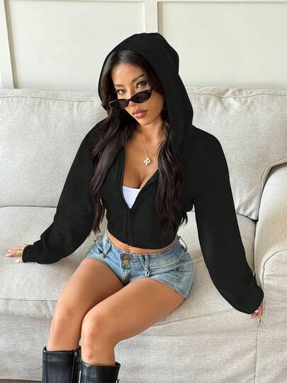 INAWLY Y2K Street Sexy Long Sleeve Solid Color Black Casual Crop Sweatshirt Zip-Up Sweatshirt With Pocket
