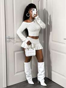 Sirith Women's Autumn/Winter New Oblique Shoulder Fuzzy Argyle Knit Pullover Sweater - White - View 5