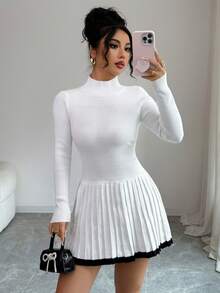 SHEIN Elenzya 时尚独特休闲腰部收紧半高领拼色 A 字形褶皱针织长袖毛衣裙，修身版型，女式，春秋季 - 白色 - 查看 6