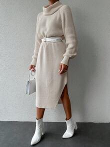 EURMUSE 高領插肩袖高衩毛衣洋裝不附腰帶 - 米色 - 查看 5