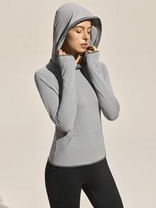 Easithlete 女式自然徒步插肩袖连帽运动衫，时尚修身百搭户外套头衫，秋冬 - 灰色 - 查看 2