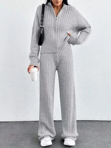 EURMUSE Cardigan com zíper e ombros caídos e calças de malha - Cinza claro - Ver 7