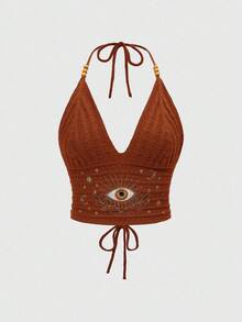 ROMWE Hippie 波西米亚风夏日嬉皮度假风眼睛、月亮和星星刺绣串珠针织上衣 - 鏽棕色 - 查看 5