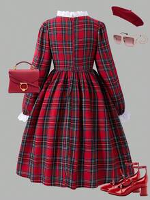 女童荷叶边蝴蝶结蕾丝领格子连衣裙，适合春秋季 - 紅色 - 查看 2