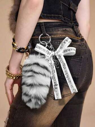 Anime 1pc Exquisite Retro Stylish High-Quality Acrylic Bowknot, Heart-Shaped, Faux Fur Leopard Print Animal Tail Keychain & Keyring, Fashionable Accessory Gift For Women