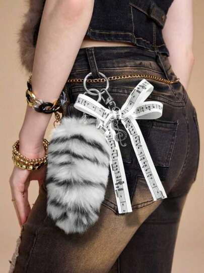 Anime 1pc Exquisite Retro Stylish High-Quality Acrylic Bowknot, Heart-Shaped, Faux Fur Leopard Print Animal Tail Keychain & Keyring, Fashionable Accessory Gift For Women