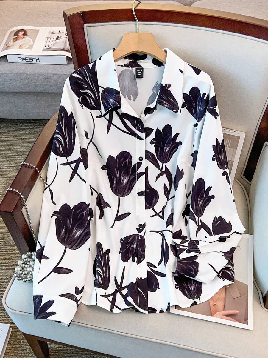 SHEIN 大码女式经典简约修身衬衫，百搭秋冬装，适合日常通勤 - 彩色 - 查看 1