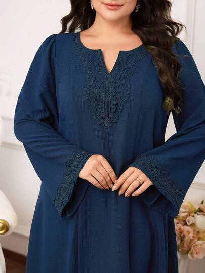 Al Najma Plus Size Women's V-Neck Flare Sleeve Lace Patchwork Elegant Solid Color Abaya Dress