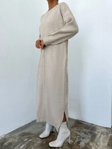 EURMUSE Solid Drop Shoulder Sweater Dress - Beige - View 3