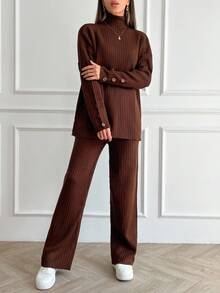 EURMUSE Women's Half-Turtleneck, Drop Shoulder, Ribbed Sweater And Sweater Pants Two-Piece Set - Brown - View 7