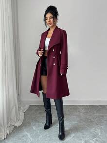 SHEIN Elenzya Women's Double-Breasted Lapel Elegant Casual Street Commute Business Romantic Date Party Christmas Coat, Burgundy, Autumn/Winter - Burgundy - View 8