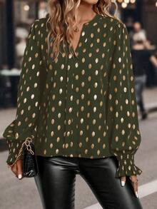 SHEIN LUNE Chemise à manches longues décontractée pour femmes avec imprimé de points dorés et col cranté, automne - Militaire verte - Voir 6