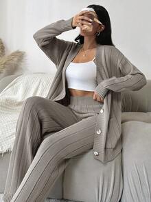 EURMUSE Women's Oversized Cardigan And Knit Pants Set - Grey - View 7