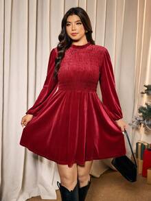 Elaquor Plus Size Women's Elegant Christmas Solid Velvet Ruffle Collar Lantern Sleeve Shirred Bodice Red Dress, Autumn Party Red, New Year Dress For Women - Red - View 5