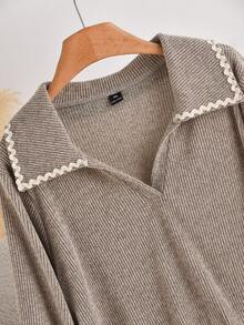 CosyJoli Plus Size Casual Lace Patchwork Polo Collar Ruched Side Seam Ribbed Texture Knit Pullover T-Shirt - Apricot - View 5