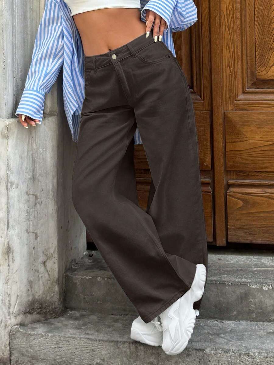 SHEIN Cottnline WOMEN LOOSE LOW WAIST WIDELEG EVERYDAY CASUAL JEAN - Brown - View 1