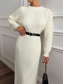EURMUSE Vestito lungo maglia maxi con maniche a palloncino, effetto texturizzato, per donna - Albicocca - Visualizzare 5