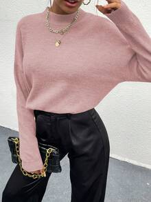 SHEIN LUNE Sweater Pullover Lengan Panjang Kasual Kerah Bulat Warna Polos - Berwarna merah muda - View 3