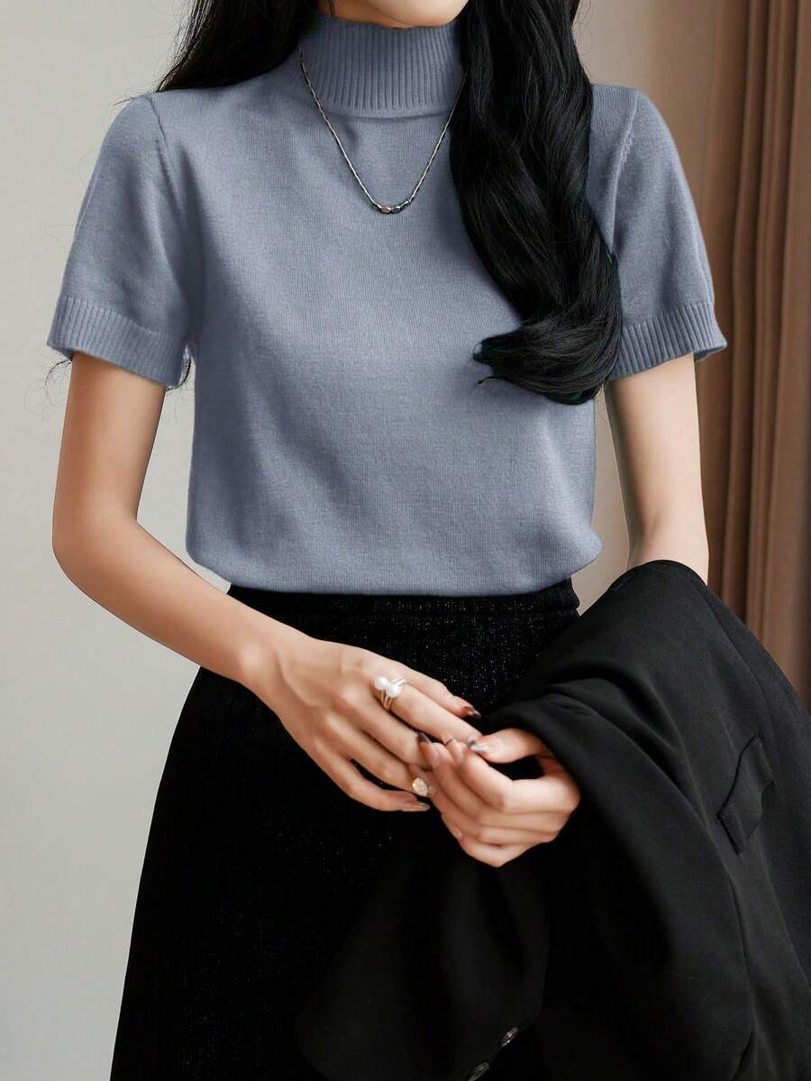 Almamuse 女士休闲日常通勤简约纯色高领短袖宽松针织上衣，秋冬 - 灰色 - 查看 1