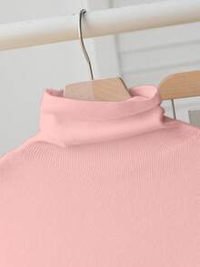 SHEIN Vintaside Kids 少女休闲纯色高领毛衣，高领女童抓绒高领毛衣，适合4岁女孩，可爱纯色冬季圣诞节万圣节毛衣，秋季套头衫 - 粉色 - 查看 7