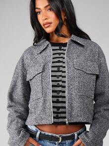 MISSGUIDED Heathered Cropped Utility Jacket With Zip Closure And Chest Pockets For Fall Winter