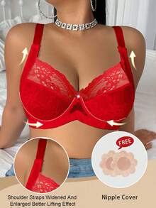 DesireSculpt 1pc Plus Size Christmas Lace Lingerie Bra With Underwire - Red - View 3