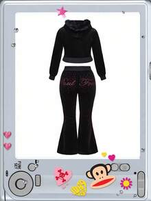Paul Frank X ROMWE Plus Size Rhinestone Graphic Vintage Velvet Hooded Jacket & Flared Pants 2 Pieces Set, Autumn/Winter - Black - View 3