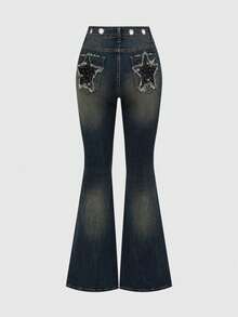 ROMWE Grunge Punk Y2K Retro Millennium Sexy Stern Tasche Nieten Taille Design Slim Fit Schlaghose Frauen Niedrige Taille Jeans - Blau - Übersicht 1