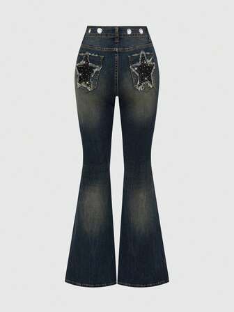 Grunge Punk Jeans a vita bassa da donna con design a vita slim fit, gamba a zampa, con tasche a stella, rivetti e stile retrò Y2K