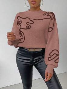 SHEIN LUNE Women's Casual Floral Pattern Dropped Shoulder Loose Knit Sweater, Autumn/Winter - Blush Crush - View 3