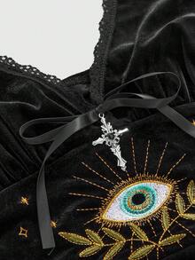 ROMWE Goth 哥特式蕾丝和天鹅绒修身背心，绣有眼睛图案，用途广泛 - 黑色 - 查看 3
