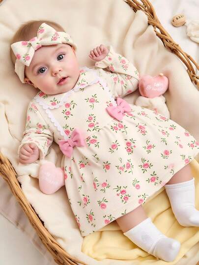 新生女婴花裙套装，可爱彼得潘领公主裙 + 蝴蝶结头带