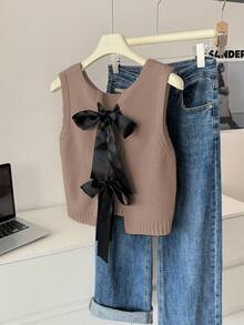 Elamini Women's Colorblock Bow Decor Knitted Fashion Sweater Vest - Camel - View 3