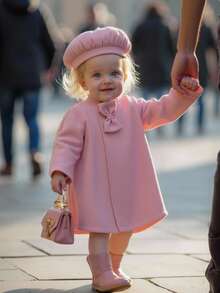 SHEIN Baby Girls Elegant Minimalist Bow Jacket And Hat Set, Autumn/Winter Fall