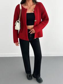 SHEIN Tall Button Detailed Loose Fit Tall Cardigan,Cardigans For Women,Long Cardigans Woman,Petite Cardigans,Cardigans - Red - View 5